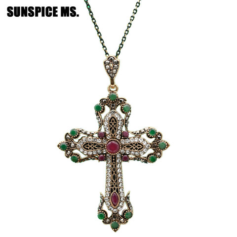 Fashion Ethnic Religious Jewelry Flower Cross Necklace Antique Gold Color Resin Women Sacred Spiritual Symbol Pendant Necklace ► Photo 1/6