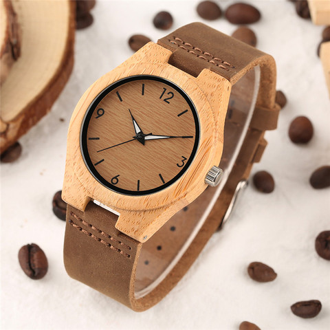 Creative Watches Women Genuine Leather Band Bamboo Case Lady Wrist Watch Wooden Light Yellow Dial Modern Female Clock Xmas Gifts ► Photo 1/6