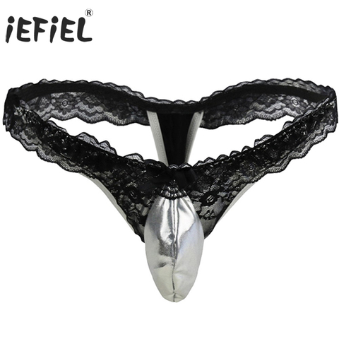 iEFiEL Sexy Mens Clothes Lingerie Patent Leather Lace T-back Pouch Briefs Thong Slip Hommes Underwear Underpants for Men Panties ► Photo 1/6