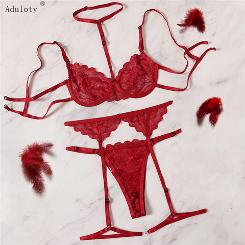 Aduloty Red Floral Lace Garter Lingerie Set With Choker Women