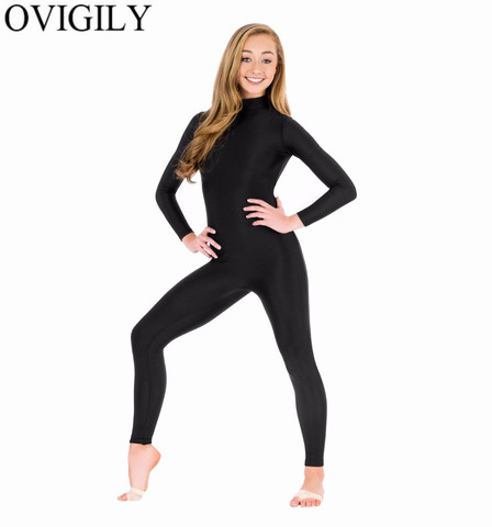OVIGILY Spandex Turtleneck Long Sleeve Footless Unitards For Womens Nylon One Piece Black Dance Unitard Bodysuits Zentai Suits ► Photo 1/6