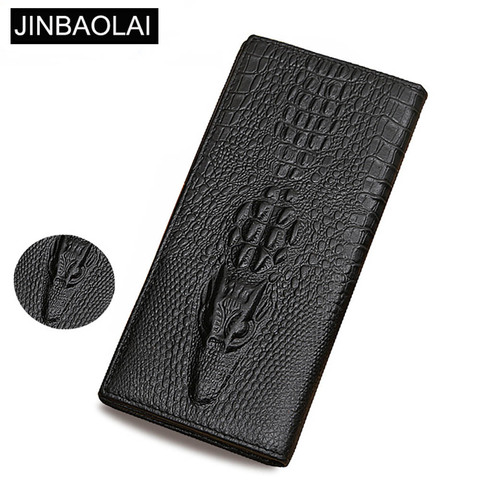 JINBAOLAI Genuine Cow Leather Long Men Wallet Europe Zipper Pocket Card Holde Male Purse Crocodile Coin Pocket Fold Men Wallet ► Photo 1/6