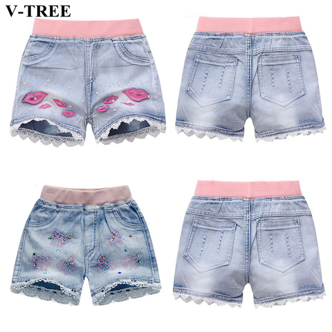 V-TREE Girls Denim Shorts Teenage Girl Summer Lace Pants Kids Bow Clothes Children Flowers Embroidery Jean Short For Teenager ► Photo 1/6