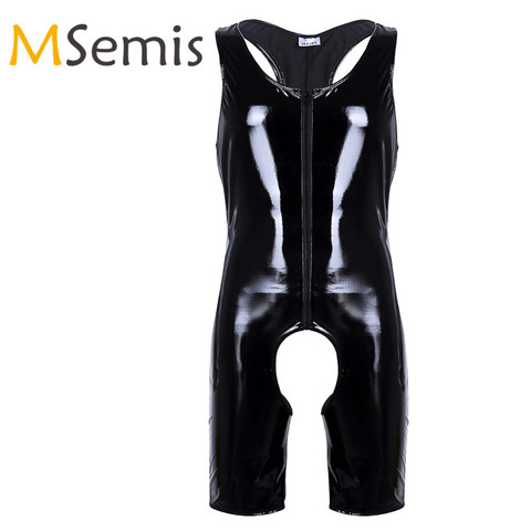 Plus Size Women Wetlook Patent Leather Jumpsuit Crotchless Leotard Bodysuit