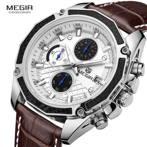 MEGIR quartz male watches Genuine Leather watches racing men Students game Run Chronograph Watch male glow hands for Man 2015G ► Photo 1/6
