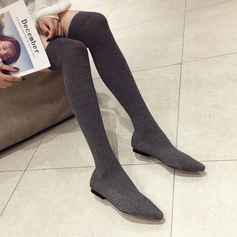 Over The Knee Women Boots Autumn Winter Boots Fashion Knitting Sock Boots Pointed Toe Flats Shoes Female Thigh High Boots ► Photo 1/6