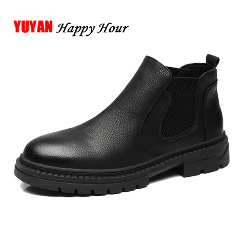 Chelsea Boots Men Winter Shoes Mens Boots Leather Thick Sole Soft Leather Booties Man Black Ankle Boots KA437 ► Photo 1/6