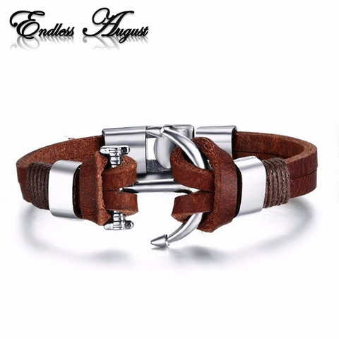 Endless August New Pirate Style Alloy Stainless Steel Anchor Bracelet For Men Genuine Cow Leather Bracelet Jewelry Bangles ► Photo 1/6