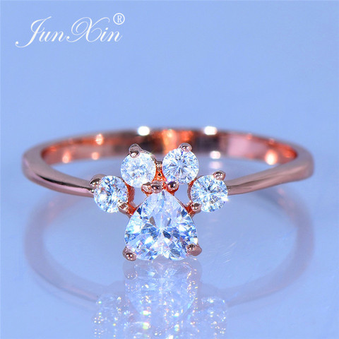 JUNXIN Cute Animal Dog Cat Bear Footprint Ring Rose Gold White Crystal Heart Paw Rings For Women Wedding Thin Ring Girls Jewelry ► Photo 1/6