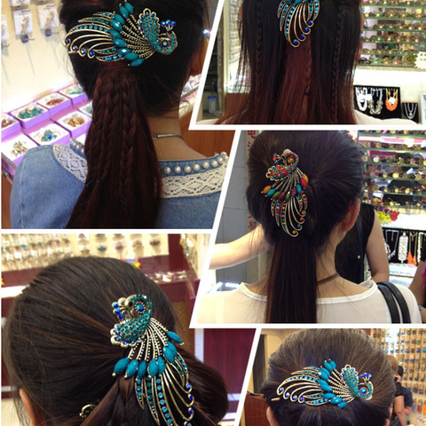 Women Girls Crystal Peacock Hair Clips Retro Bohemia Beauty Tools Duckbill Hair Pin Claw Clamp ► Photo 1/6