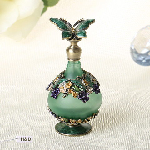 H&D Vintage 24ml Green Retro Graven Metal and Glass Empty Container Refillable Portable Gift Perfume Bottle Home Decoration ► Photo 1/6