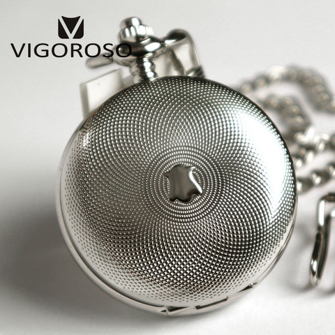 VIGOROSO Silvery Tone Steel Double Hunter Mechanical Pocket Watch Hand-winding Skeleton Silver FOB Chain Clock Gifts Men Ladies ► Photo 1/6