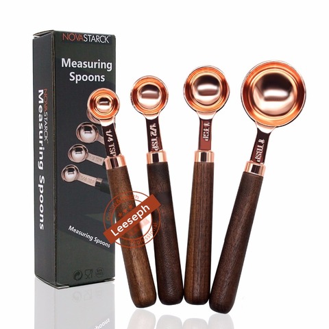Copper Measuring Spoons, Set of 4: Copper-Plated Top-Quality Stainless Steel with Wood Handles / Rose Gold ► Photo 1/6