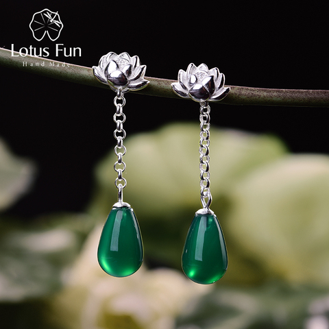 Lotus Fun Real 925 Sterling Silver Earrings Natural Agate Handmade Fine Jewelry Water Drop Lotus Drop Earrings for Women Brincos ► Photo 1/6