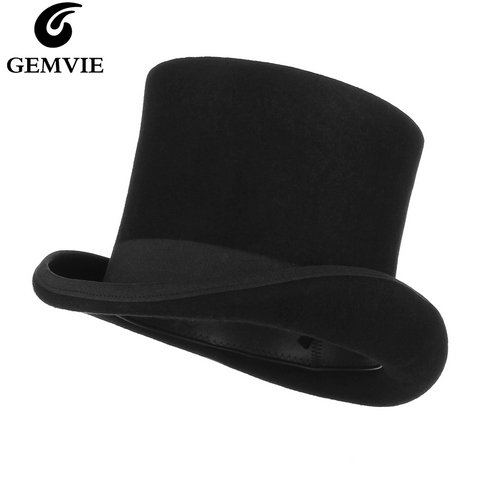 GEMVIE 17cm 100% Wool Felt Beaver High Top Hat Topper Derby Cylinder Hat For Women Men Mad Hatter Party Costume Magician Cap ► Photo 1/6