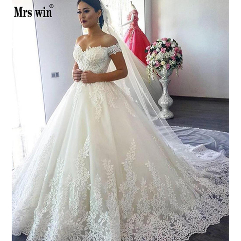 2022 Luxury Lace Boat Neck Ball Gown Wedding Dresses Sweetheart Sheer Back Princess Illusion Applique Bridal Gowns Casamento ► Photo 1/6