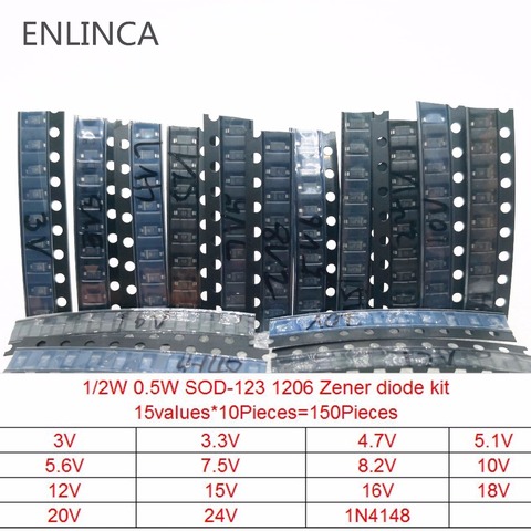 150Pieces 15 values Zener diode kit SOD-123 1206 SOD-323 0.5W Zener diode SMD package 15values*10pcs 3V 3.3V 4.7V 5.1V 5.6V 7.5V ► Photo 1/2