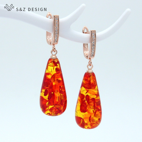 S&Z New Trendy Colorful Flower Ambers Water Drop Dangle Earrings 585 Rose Gold Temperament Eardrop Women Wedding Fine Jewelry ► Photo 1/6