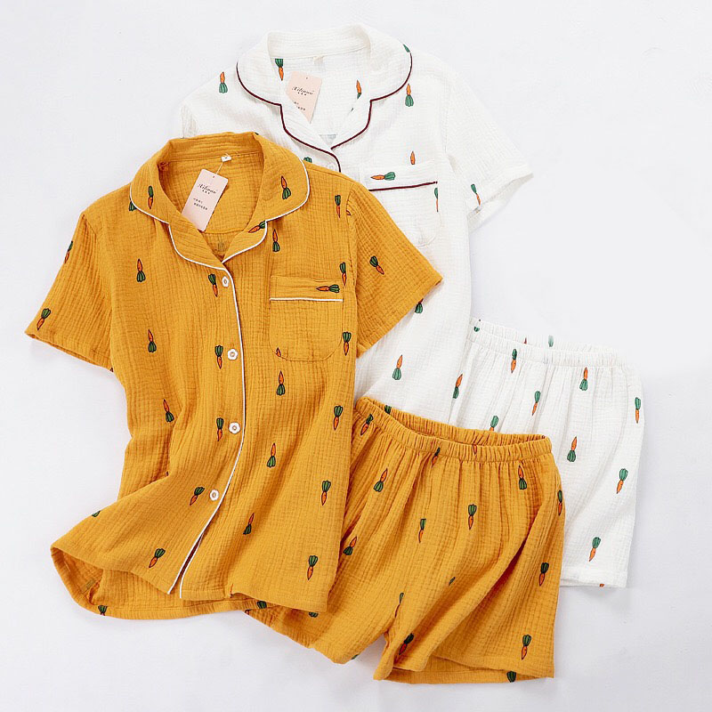 100% Gauze Cotton Women Pajamas Set Cute Printed Turn-Down Collar