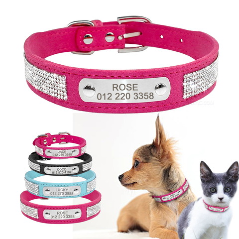 Soft Rhinestone Engraved Dog Collar For Small Medium Dogs Custom Suede Leather Chihuahua Puppy Cat Pet Collars With Phone ID Tag ► Photo 1/6