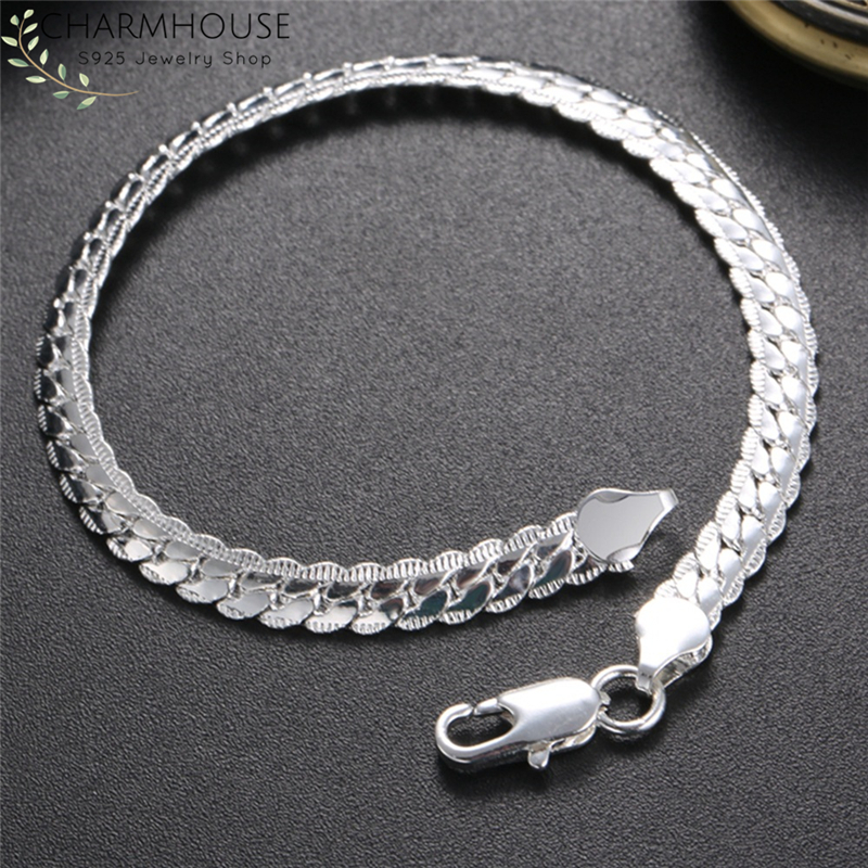 925 Silver Fashion Accessories Long Grid Chain Men Womens Bracelet 5MM FH203 