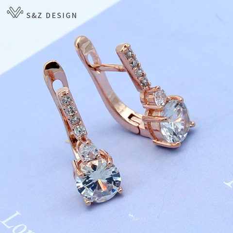 S&Z Round Micro Wax Inlay Cubic Zirconia Dangle Earrings 585 Rose Gold For Japan/South Korea Women Girl's Luxury Party Jewelry ► Photo 1/6