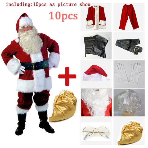 HOT! 10 Piece Christmas Santa Claus Costume Adult Santa Suit Halloween cosplay Fancy Cloth Xmas Cosplay Props Men Christmas Set ► Photo 1/5
