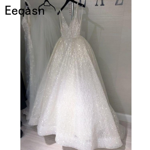 Sparkly Bling 2022 Dubai Wedding Dresses Sexy Back Open Long A-line V-neck Wedding Gown Bridal Dresses Plus Size ► Photo 1/6