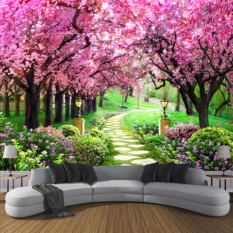 Custom 3D Photo Wallpaper Flower Romantic Cherry Blossom Tree Small Road Wall Mural Wallpapers For Living Room Bedroom De Parede ► Photo 1/6