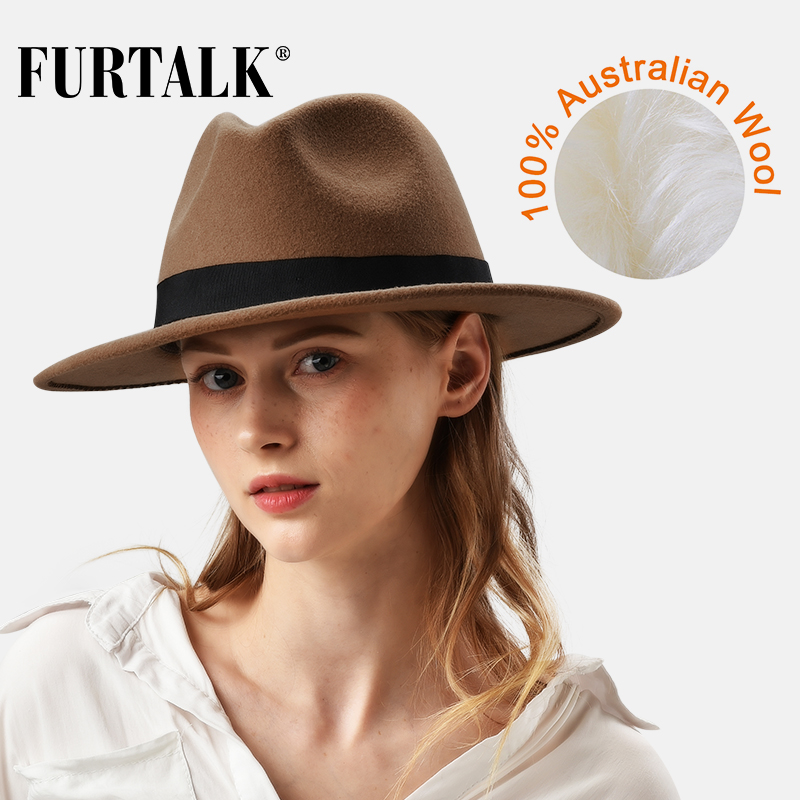 FURTALK 100% Australian Wool Fedora Hat for Women Men Vintage Wide