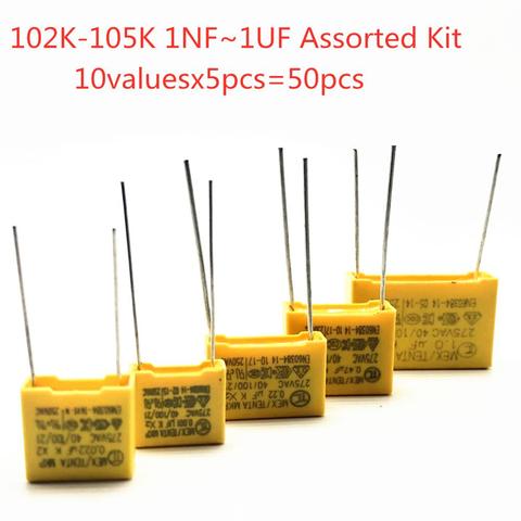 KIT X2 Safety Capacitor 275VAC 102K-105K 1NF~1UF Assorted Kit 10valuesx5pcs=50pcs Polypropylene film capacitor ► Photo 1/3