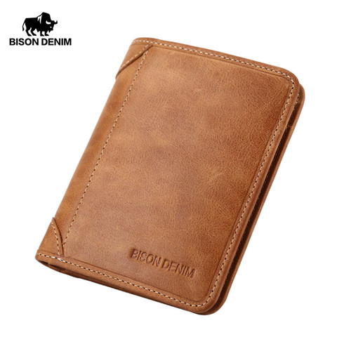BISON DENIM Genuine Leather Wallet Vintage yellow Men's purse Cards Holder Soft Leather men purses Short Men Wallet W4361 ► Photo 1/5