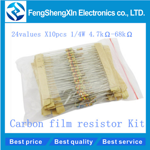 24Values*10pcs=240pcs 1/4w (0.25w) 5% Carbon Film Resistors Kit (4.7kR-68kR) Carbon Film Resistor ► Photo 1/1