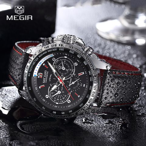 MEGIR hot fashion man's quartz wristwatch brand waterproof leather watches for men casual black watch for male 1010 ► Photo 1/6
