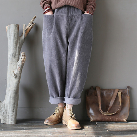 Johnature 2022 Spring New Corduroy Pants Vintage Women Trouser Pockets Elastic Waist Warm Loose Casual Pants ► Photo 1/6