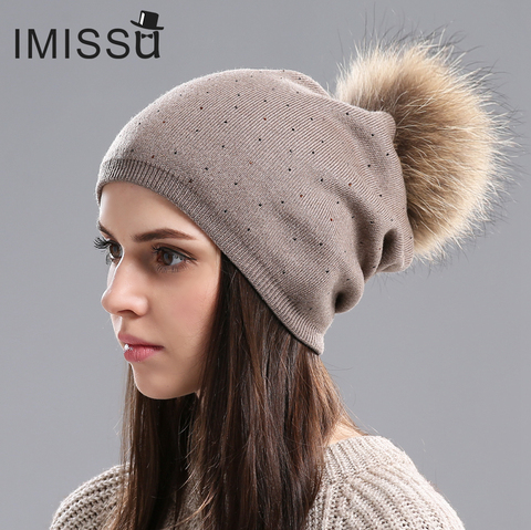 IMISSU Women Winter Hat Wool Knitted Beanies Cap Real  Raccoon Fur Pompom Hats Solid Colors Ski Gorros Cap Female Causal Hat ► Photo 1/5