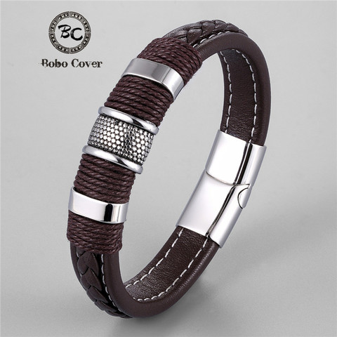 Fashion Black/Brown Braid Rope Genuine Leather Bracelet Stainless Steel Wrap Charm Bracelet Men Women Punk Luxury Jewelry homme ► Photo 1/6