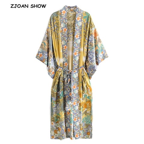 2022 Bohemian V neck Tiger Flower Print Long Kimono Shirt Ethnic New Women Lacing up Bow Sashes Long Cardigan Loose Blouse Tops ► Photo 1/6