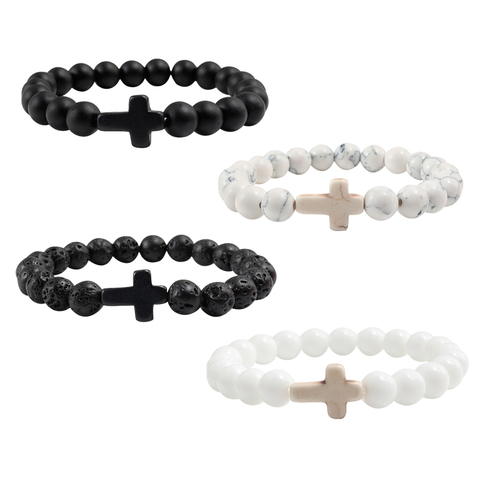 Charm Natural Stone Bracelet Cross Black Lava Matte Beaded Bracelets Handmade Men Women Prayer Fitness Chain Couple Jewelry Gift ► Photo 1/6