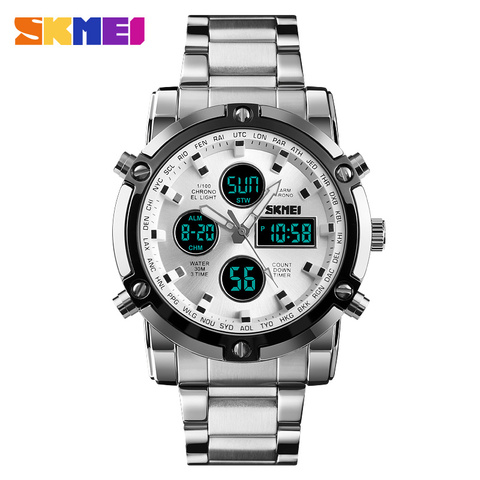 Men's Watches Dual Display LED Digital Waterproof Full Steel Quartz Watch Men Clock Luxury Brand Relojes SKMEI 2022 ► Photo 1/6