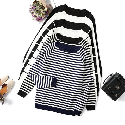 2022 Autumn Winter Long Sleeve Striped Pullover Women Sweater Knitted Sweaters O-Neck Tops Korean Pull Femme Jumper Female White ► Photo 1/6