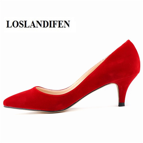 LOSLANDIFEN 6cm mid heel Classic Sexy Pointed Toe Kitten Heels Women Pumps Shoes Faux Suede Spring Brand Wedding Pumps 35-42 ► Photo 1/1