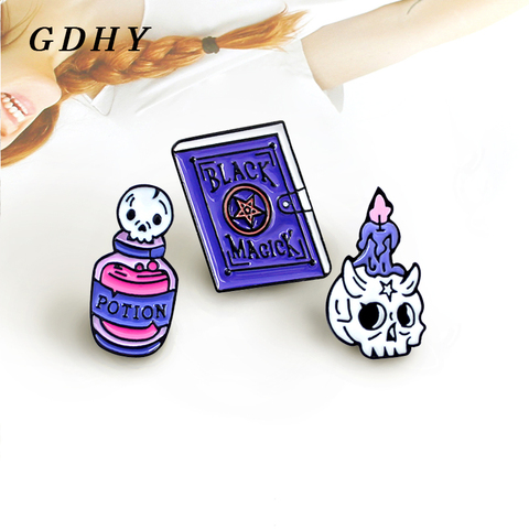GDHY Purple Spell Book Death Potion Skull Candle Brooch Black Witch Enamel Brooch Pins Halloween Ghost Backpack Brooch Jewelry ► Photo 1/6