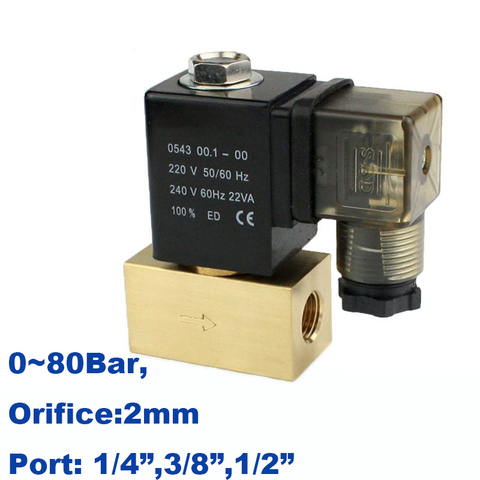80bar high pressure solenoid valve 2 way 1/4 3/8 1/2 BSP 12V 24V DC AC220V normal close JT22-02 direct acting brass valve ► Photo 1/6
