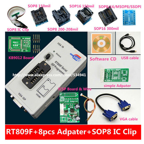 free shipping 100% origanil Newest RT809F LCD ISP programmer with 8 adapters +sop8 IC test clip + ICSP board /ISP cable ► Photo 1/6