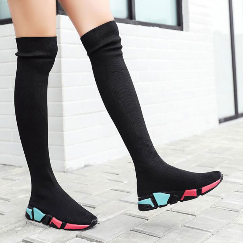 Women Flats Booties Stretch Knitting Thigh High Boots Over Knee Fashion Sneakers 