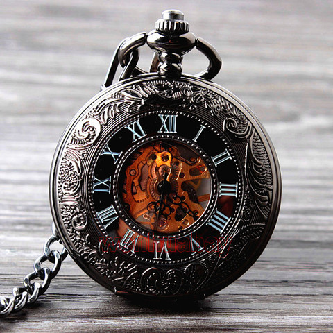 Retro Hand Wind Mechanical Pocket Watch With Fob Chain Mens Hollow Skeleton Dial Black Steel Fashion Quartz Pocket Watch Gifts ► Photo 1/6