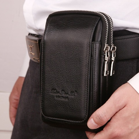 Men Genuine Leather Waist Pack Bag Double Zipper Wallet Cell/Mobile Phone Pocket Cigarette Case Coin Purse Male Fanny Money Bags ► Photo 1/6