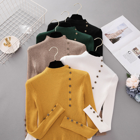 New Fashion Button Turtleneck Sweater Women Spring Autumn Solid Knitted Pullover Women Slim Soft Jumper Sweater Female Knit Tops ► Photo 1/6
