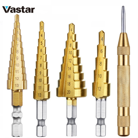 Vastar HSS Steel Titanium Step Core Drill Bits 3-12mm 4-12mm 4-20mm Step Cone Woodworking Metal Drilling Bit Set ► Photo 1/6